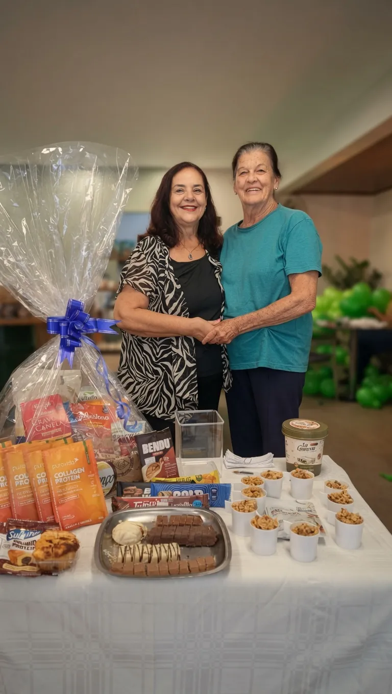 Rosana, à esquerda, no atendimento da QuickFit em São Pedro/SP, com suplementos e produtos saudáveis em exposição