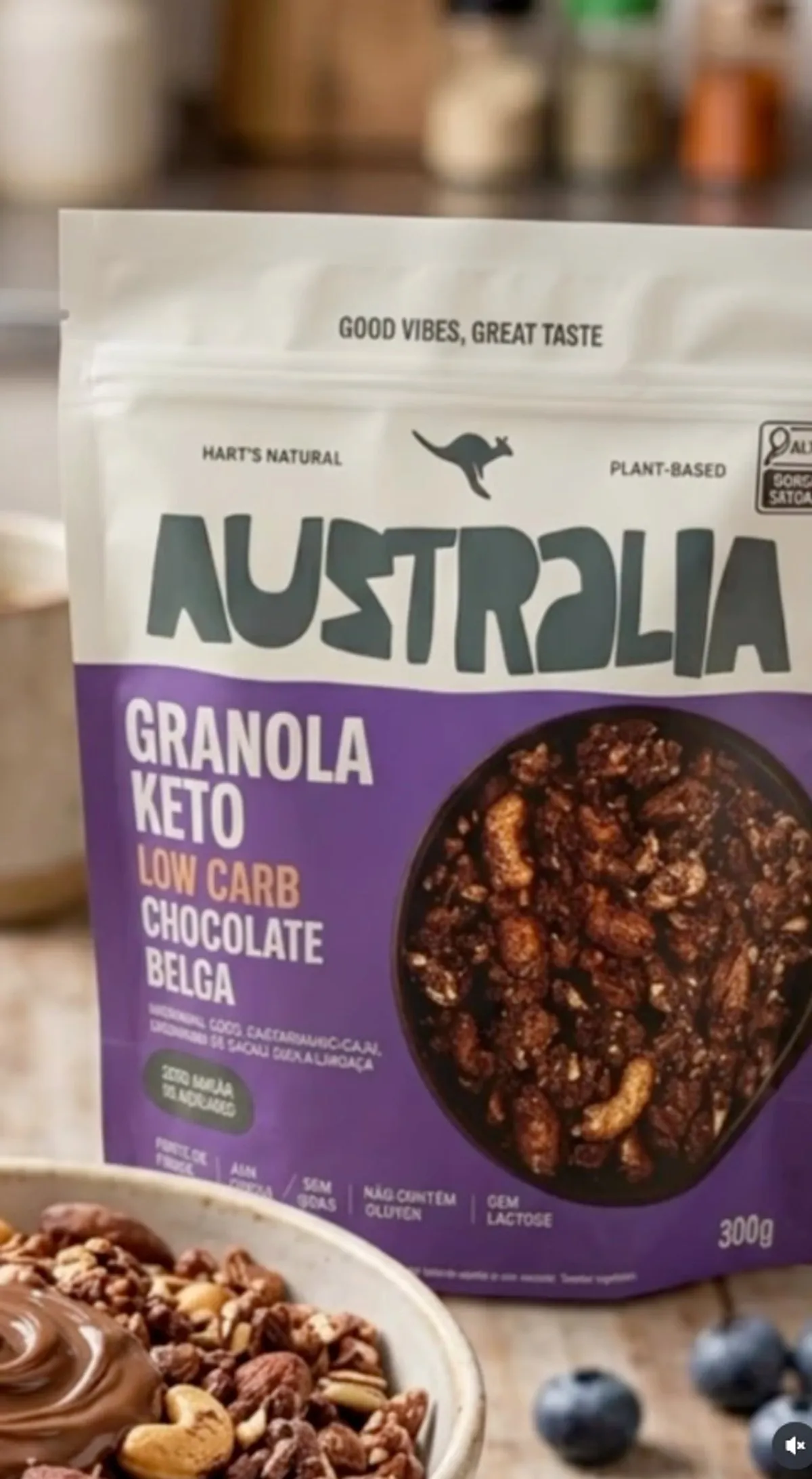 Pacote de granola keto sem glúten da Australia, vendido na QuickFit em São Pedro/SP