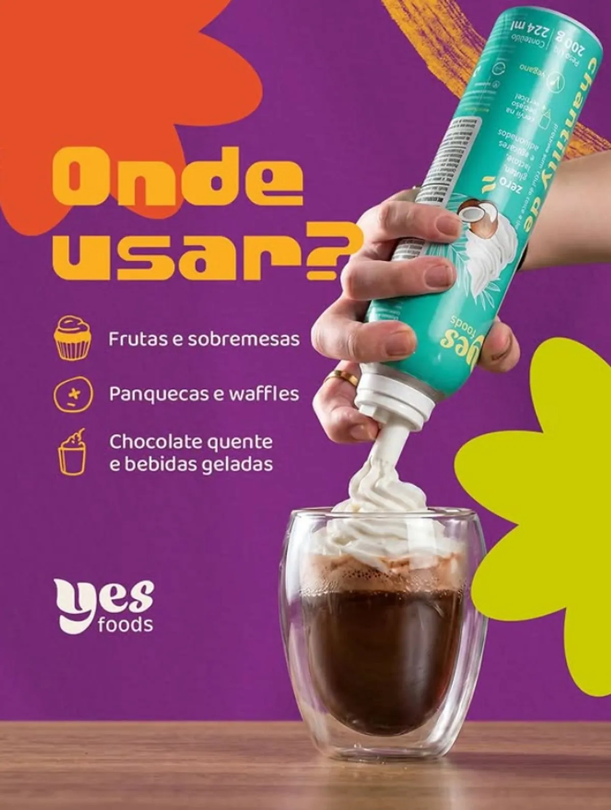 Chantilly de coco Yes Foods, sem lactose, vendido na QuickFit em São Pedro/SP