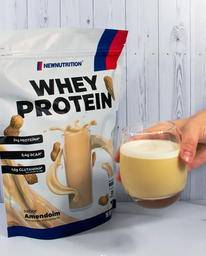 Pacote de Whey Protein New Nutrition sabor amendoim, de 900g, vendido na QuickFit em São Pedro/SP